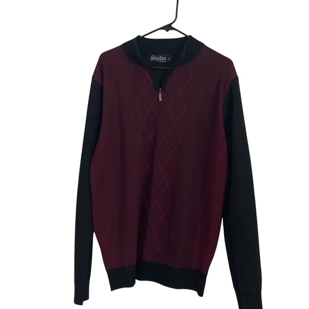 Studio Omega Sweater Mens XL Burgundy Black Argyle Quarter Zip Mock Neck Knit